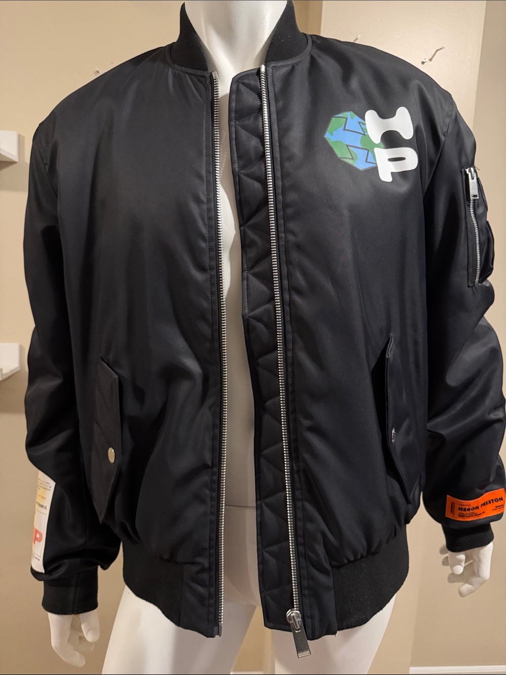 Heron Preston Black Bomber Jacket with patchwork